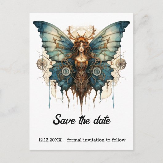 Fluttergear Nymf Vlinder Steampunk Bruiloft  Aankondigingskaart (Voorkant)