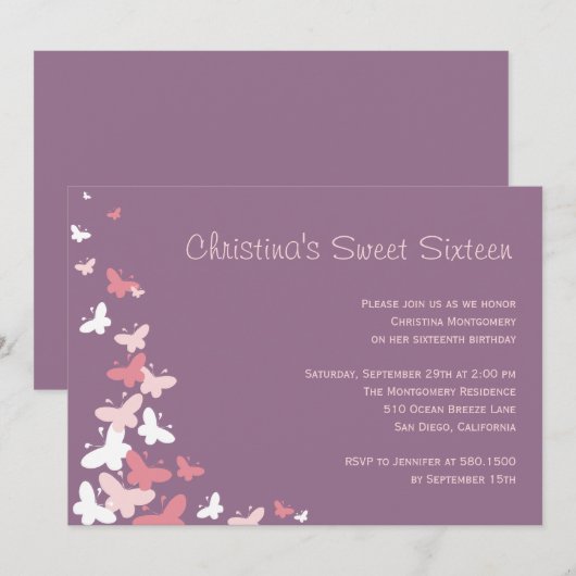 Fluttering Butterflies Birthday Party Invitation Kaart (Voorkant / Achterkant)