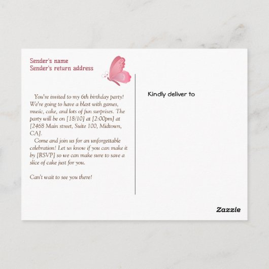 Fluttering vlinder thema 6e verjaardag uitnodiging (Achterkant)