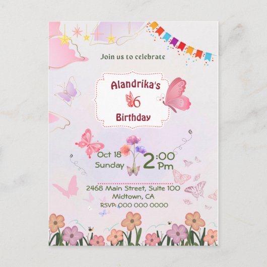 Fluttering vlinder thema 6e verjaardag uitnodiging (Voorkant)