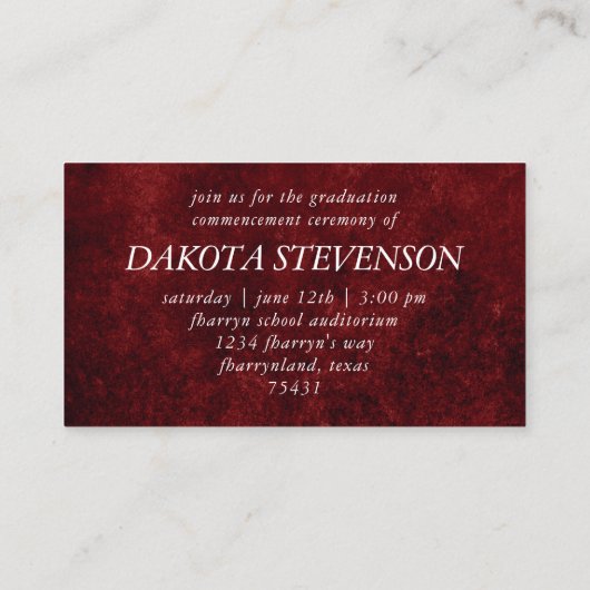 Fluweel Afstudeerder | Ruby Red Afstuderen Aankond Contactkaartje (Achterkant)