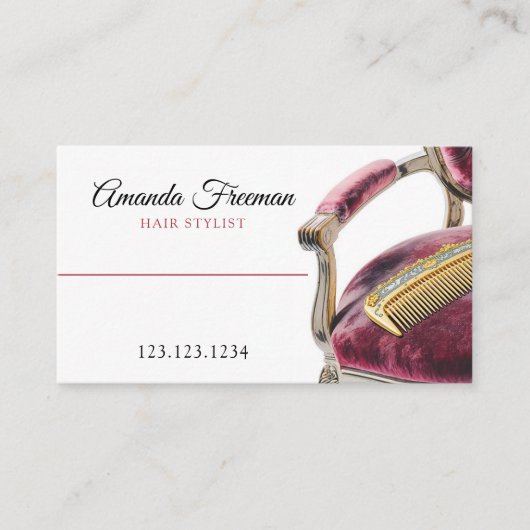 Fluweel Donkerrode Stoel Gouden Kam Haar Stylist Visitekaartje (Voorkant)