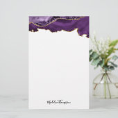 Fluweel Paarse Gouden Agaat Geode Script Typografi Briefpapier (Staand voorkant)