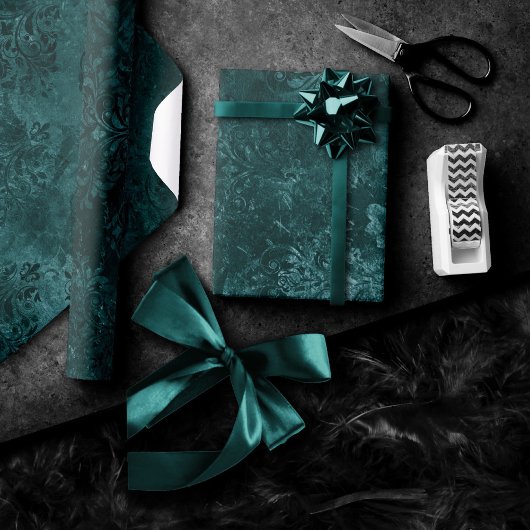 Fluweelzachte Blauwgroen Damask | Donkergroen Grun Cadeaupapier