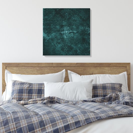 Fluweelzachte Blauwgroen Damask | Donkergroen Grun Canvas Afdruk (Insitu (Slaapkamer))