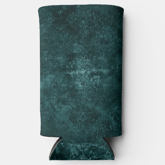Fluweelzachte Blauwgroen Damask | Donkergroen Grun Seltzer Blikjeskoeler (Voorkant)