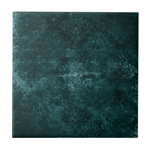 Fluweelzachte Blauwgroen Damask | Donkergroen Grun Tegeltje (Voorkant)