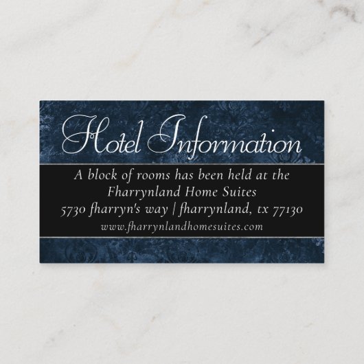 Fluweelzachte Navy Damask | Donkerblauw Grunge Bar Informatiekaartje (Achterkant)