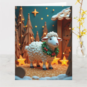 Fluwelen schaap met krans in besneeuwde kerstscene kaart