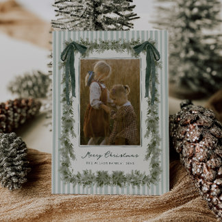 Fluwelen strik en strepen Kerst fotokaart groen Feestdagenkaart