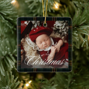Fluwelen Strik Plaid Baby Eerste Kerst Foto Keramisch Ornament