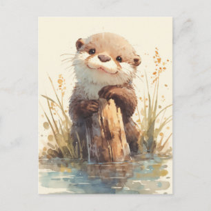Fluwelige Baby Otter op Houten Paal Briefkaart