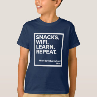 FLVS-snacks. WiFi. Leer. Herhaal. T-Shirt (marine)