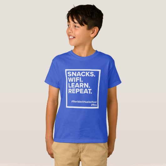 FLVS-snacks. WiFi. Leer. Herhaal. T-Shirt (Royal) (Voorkant volledig)
