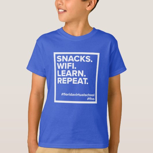 FLVS-snacks. WiFi. Leer. Herhaal. T-Shirt (Royal) (Voorkant)