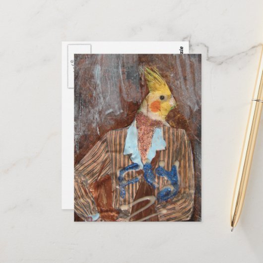 Fly Cockatiel Bird Mixed Media Briefkaart (Voorkant / Achterkant in situ)