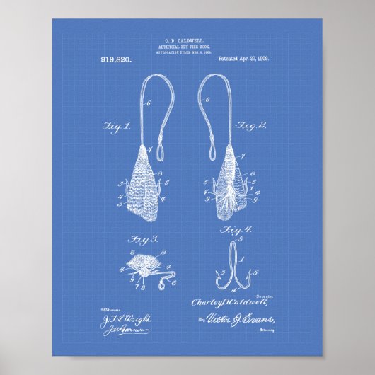 Fly Fish Hook 1909 Patent Art Blueprint Poster (Voorkant)