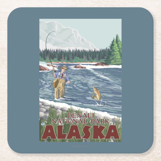 Fly Fisherman - Nationaal Park Denali, Alaska Kartonnen Onderzetters (Voorkant)