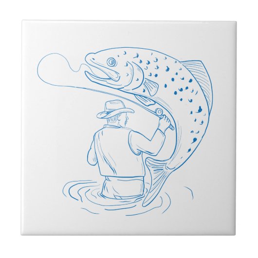 Fly Fisherman Trout Vist Tekening Tegeltje (Voorkant)