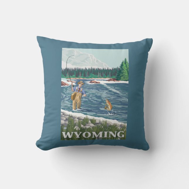 Fly FishermanWyomingVintage Reisposter Kussen (Voorkant)