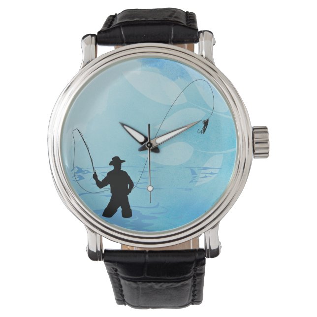 Fly Fishing Fisherman Zwart  Lederen Horloge (Voorkant)