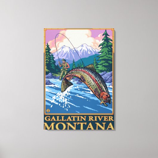 Fly Fishing Scene - Gallatin River, Montana Canvas Afdruk (Voorkant)