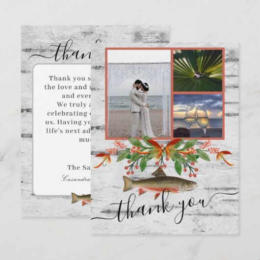 Fly Fishing Thema Trouwfeest  3 foto collage Bedankkaart (Voorkant / Achterkant)