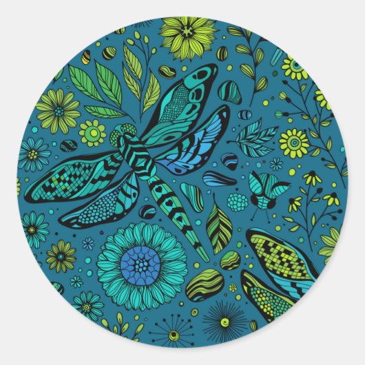 Fly, fly dragonfly on blue ronde sticker (Voorkant)