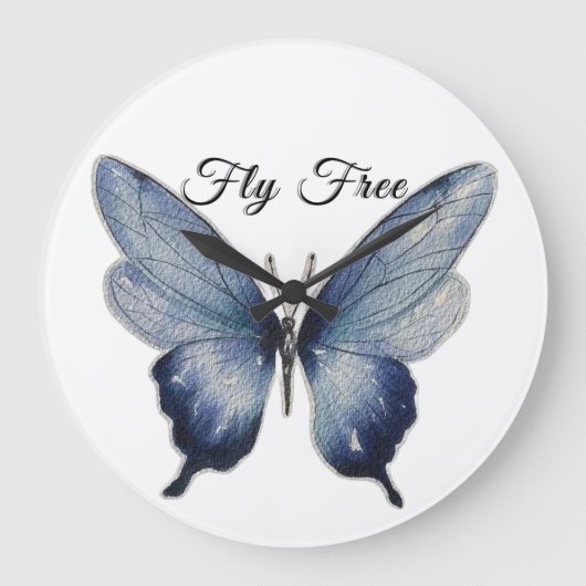 Fly Free – Blue Butterfly Art Design Grote Klok (Voorkant)