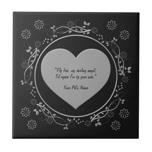 Fly Free Metallic Silver Heart Black Pet Memorial Tegeltje (Voorkant)