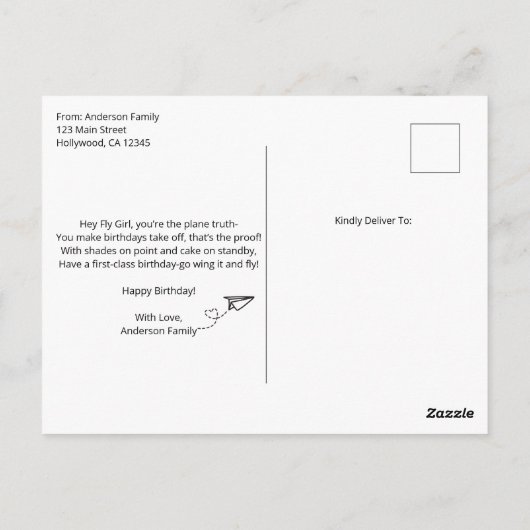 Fly Girl, Aviator Zonnebril, Script, Leuke verjaar Briefkaart (Achterkant)