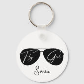 ‘Fly Girl’-schrift op zwarte vliegerzonnebril, Leu Sleutelhanger (Voorkant)