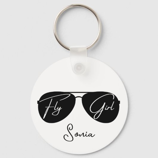 'Fly Girl' Script op Black Aviator Zonnebril, Fun Sleutelhanger (Voorkant)