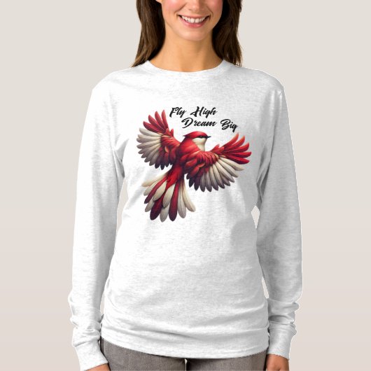 Fly High, Dream Big - Inspirerend rode vogel T-shirt (Voorkant)