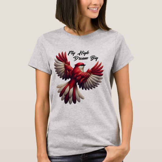 Fly High, Dream Big - Inspirerend rode vogel T-shirt (Voorkant)
