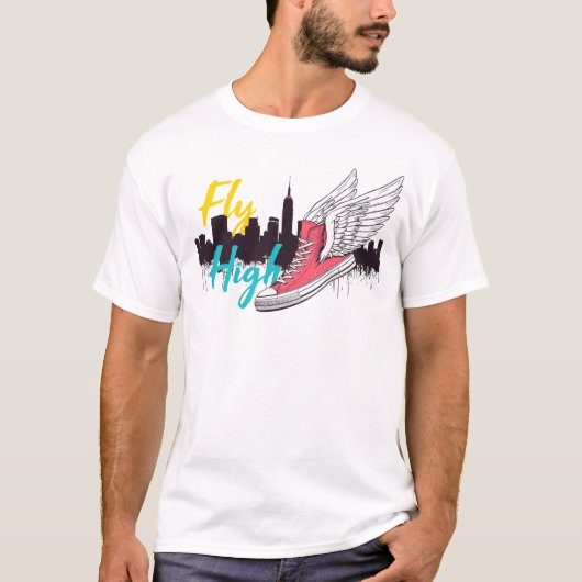 Fly High: gevleugelde sneaker en de skyline van Ne T-shirt (Voorkant)