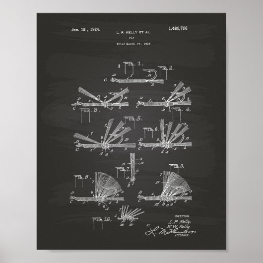 Fly Hook 1924 Patent Art Chalkboard Poster (Voorkant)