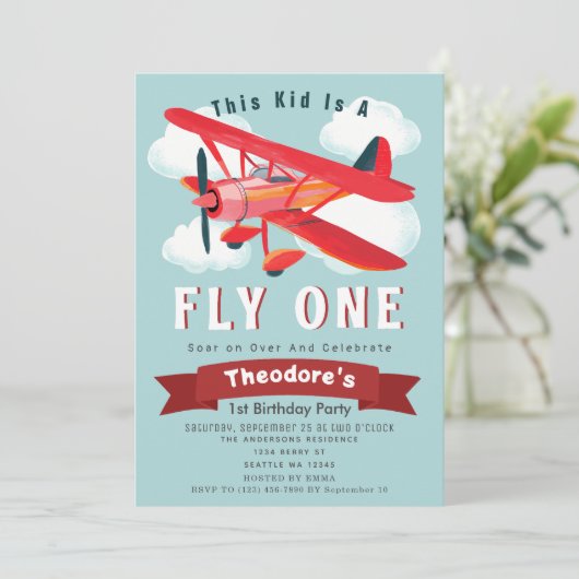 Fly One Plane Kinder eerste verjaardagsuitnodiging Kaart (Staand voorkant)