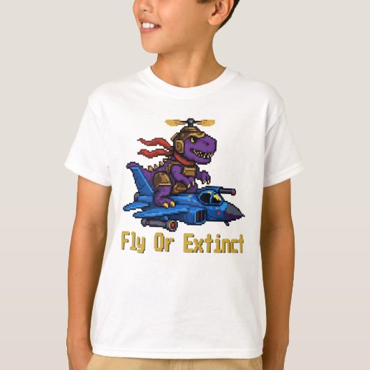 Fly Or Extinct Pixel Art Dinosaur Pilot Fighter Je T-shirt (Voorkant)