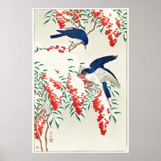 Flycatchers op Nandina Struik door Ohara Koson Poster (Voorkant)