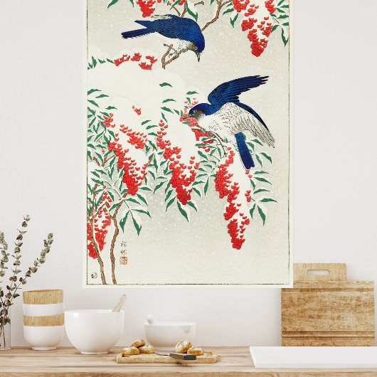 Flycatchers op Nandina Struik door Ohara Koson Poster (Keuken)