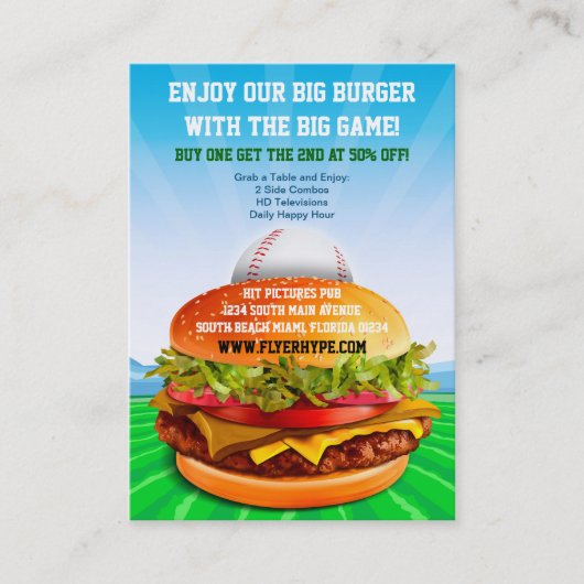 Flyer Hype Burger Cafe Sports Bar Baseball Visitekaartje (Voorkant)