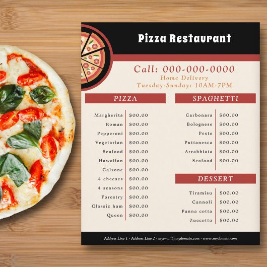 Flyer met menu & prijzenlijst voor pizzarestaurant