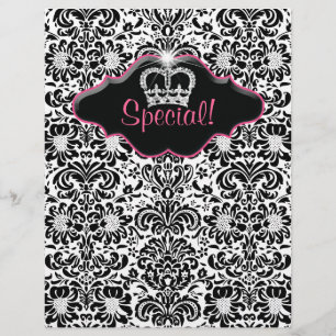 Flyer Salon Floral Damask Black White Pink Crown