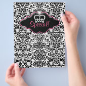 Flyer Salon Floral Damask Black White Pink Crown (Hand)