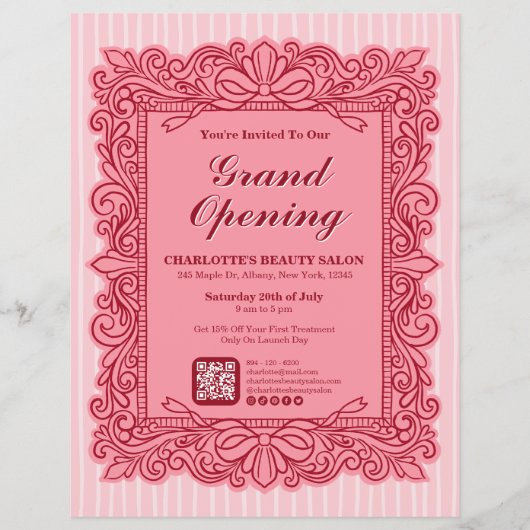 Flyer voor grote opening met roze versierde boogfr (Voorkant)