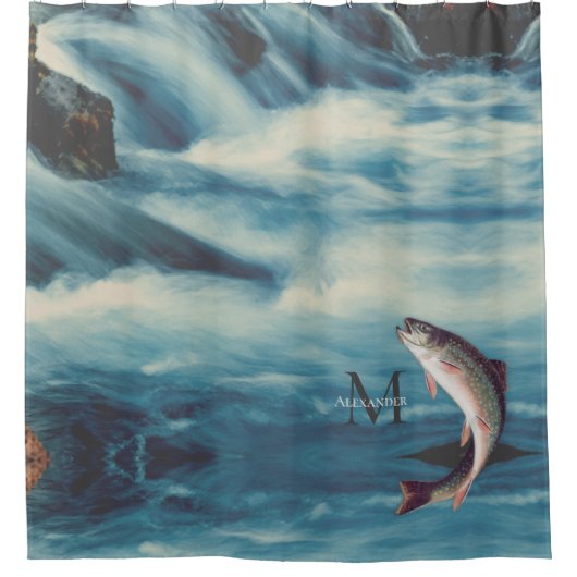 FlyFisht Trout Fisherman Blue River Monogram Douchegordijn (Voorkant)