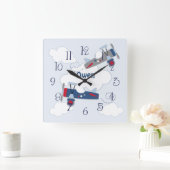 Flying Airplane Adventure Baby Boy Nursery Clock Vierkante Klok (Huis)