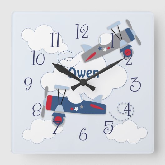 Flying Airplane Adventure Baby Boy Nursery Clock Vierkante Klok (Voorkant)