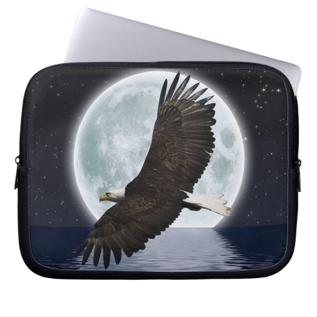 Flying Bald Eagle, Full Moon Wildlife Night Photo Laptop Sleeve (Voorkant)